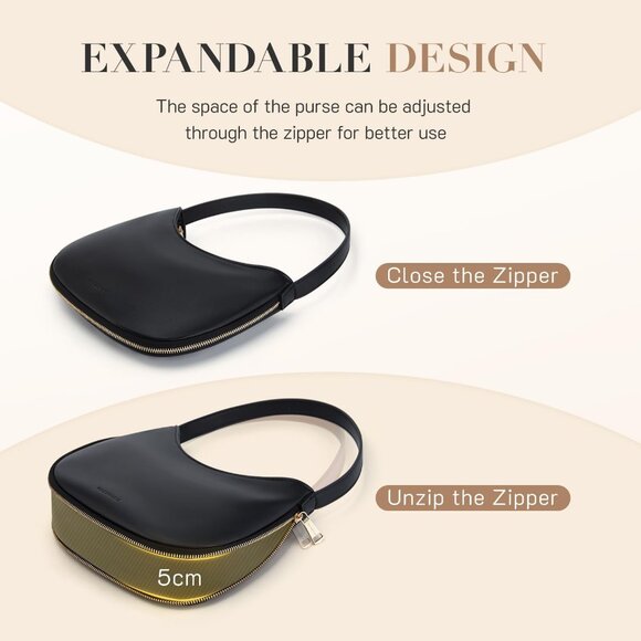 Small Black Vegan Leather Shoulder Bag – Crescent Hobo Purse with Zipper - Picture 5 of 6